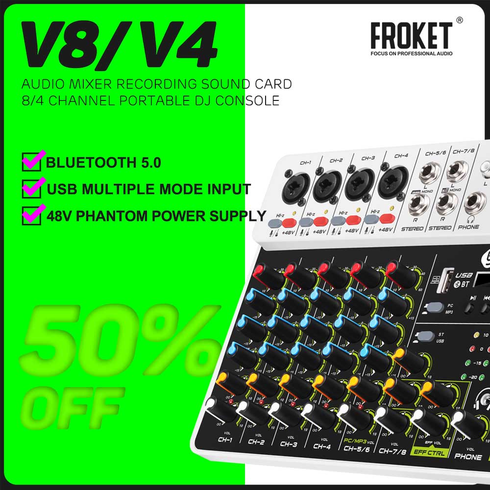 Debra V4/V8 オーディオインターフェイスミキサー DJ 機器コントローラー Bluetooth ファンタム電源遅延リピートエフェクト 4/8 チャンネルオーディオミキサー
