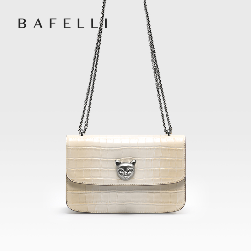 BAFELLI プレミアム クロコダイル グレイン レザー スクエア バッグ グラデーション効果 キャット ヘッド アクセント チェーン ショルダー ストラップ シングル クロスボディ用