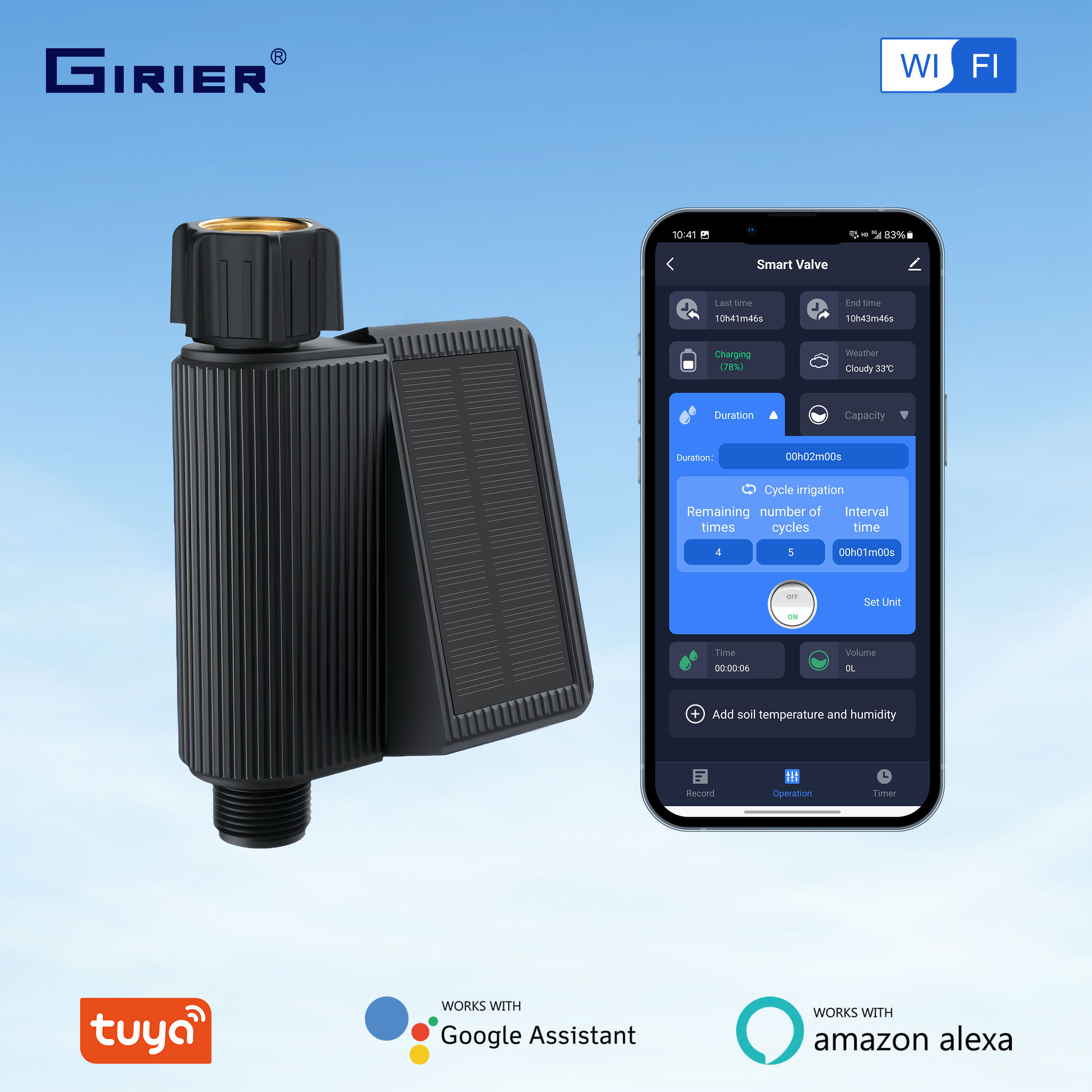 GIRIER Tuya スマートウォータータイマー 太陽光発電 Wifi ホース蛇口タイマー 真鍮入口付き プログラム可能なスプリンクラータイマー ハブ不要