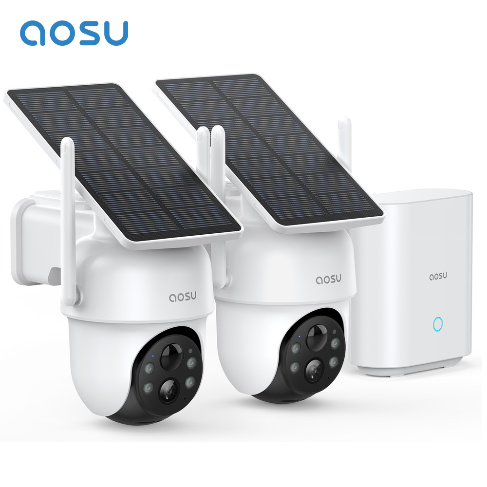 AOSU 太陽電池カメラシステム 3MP 2 カムキットワイヤレス 360° PTZ 監視 Wifi カメラセットには AosuBase サポートアレックスが含まれます