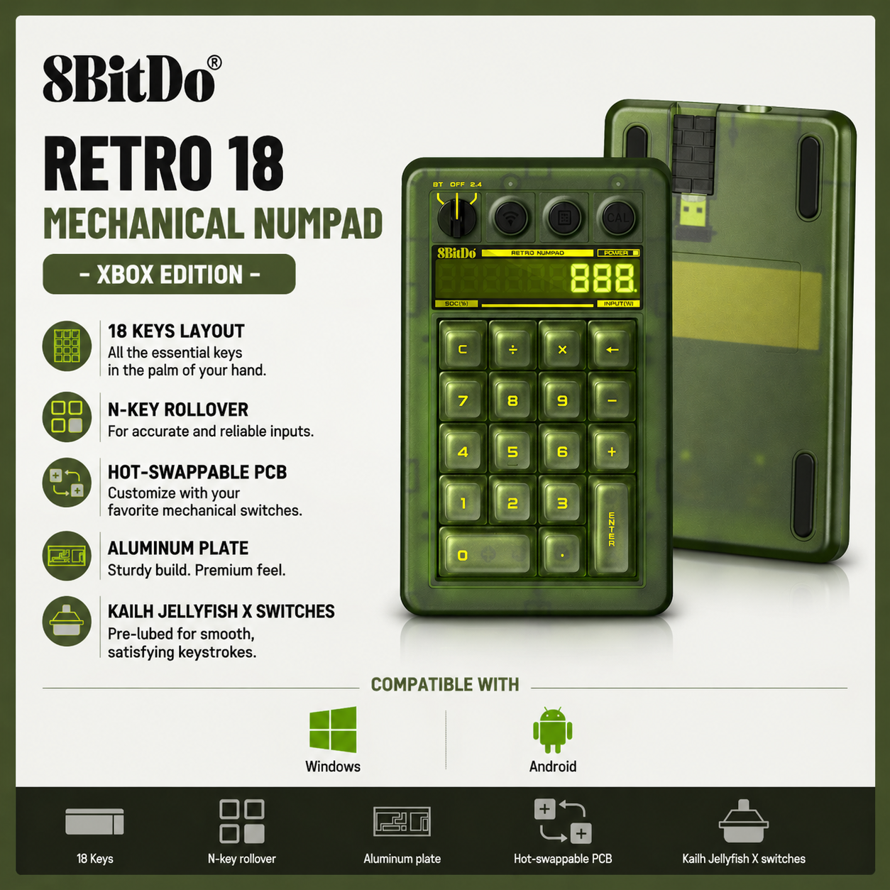 8BitDo 18 キーレトロメカニカルテンパッド、PC テンキーをサポート