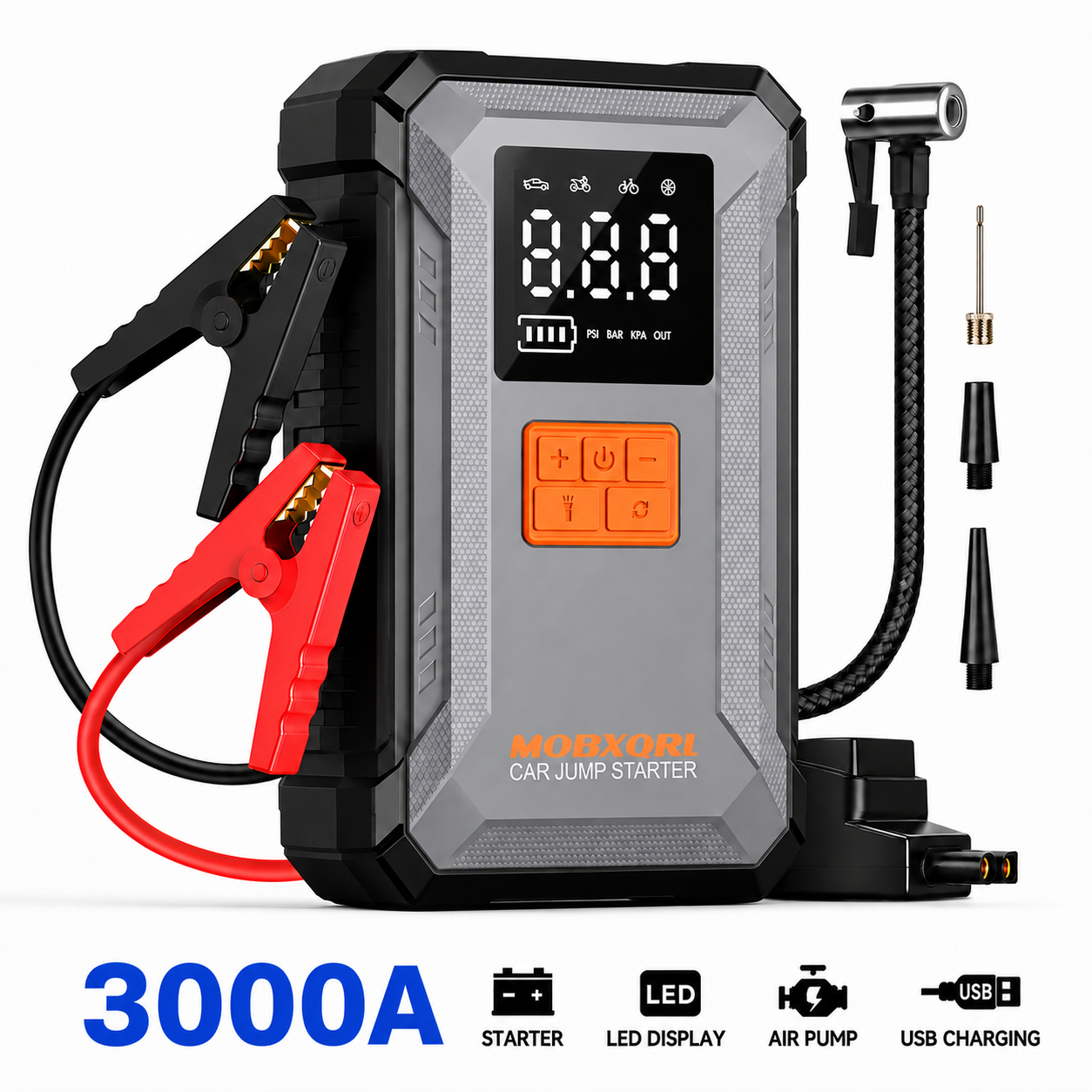 MOBXQRL 3000A Peak 8-in-1 UltraSafe 12V 車用ジャンプスターターパワーバンク、内蔵 150PSI デジタルタイヤインフレーター、スマート LCD ディスプレイバッテリーブースター、高速充電 USB P 付き多機能緊急スターター