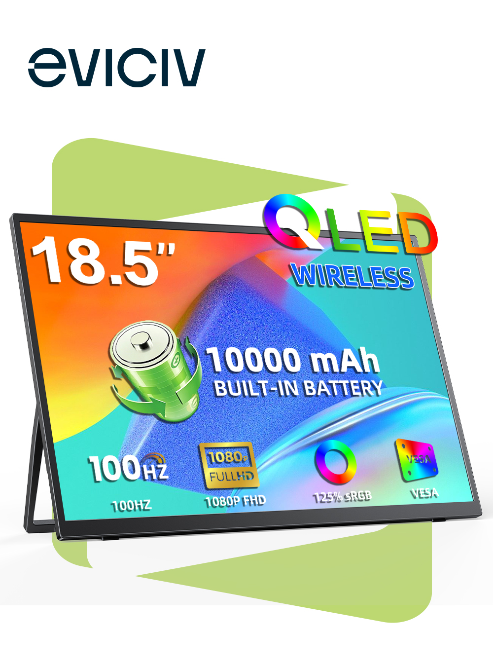 EVICIV 18.5 インチ QLED ワイヤレスポータブルモニター 10000mAh バッテリー内蔵 FHD 1080P 100Hz 125 パーセント sRGB AirPlay PC 電話用