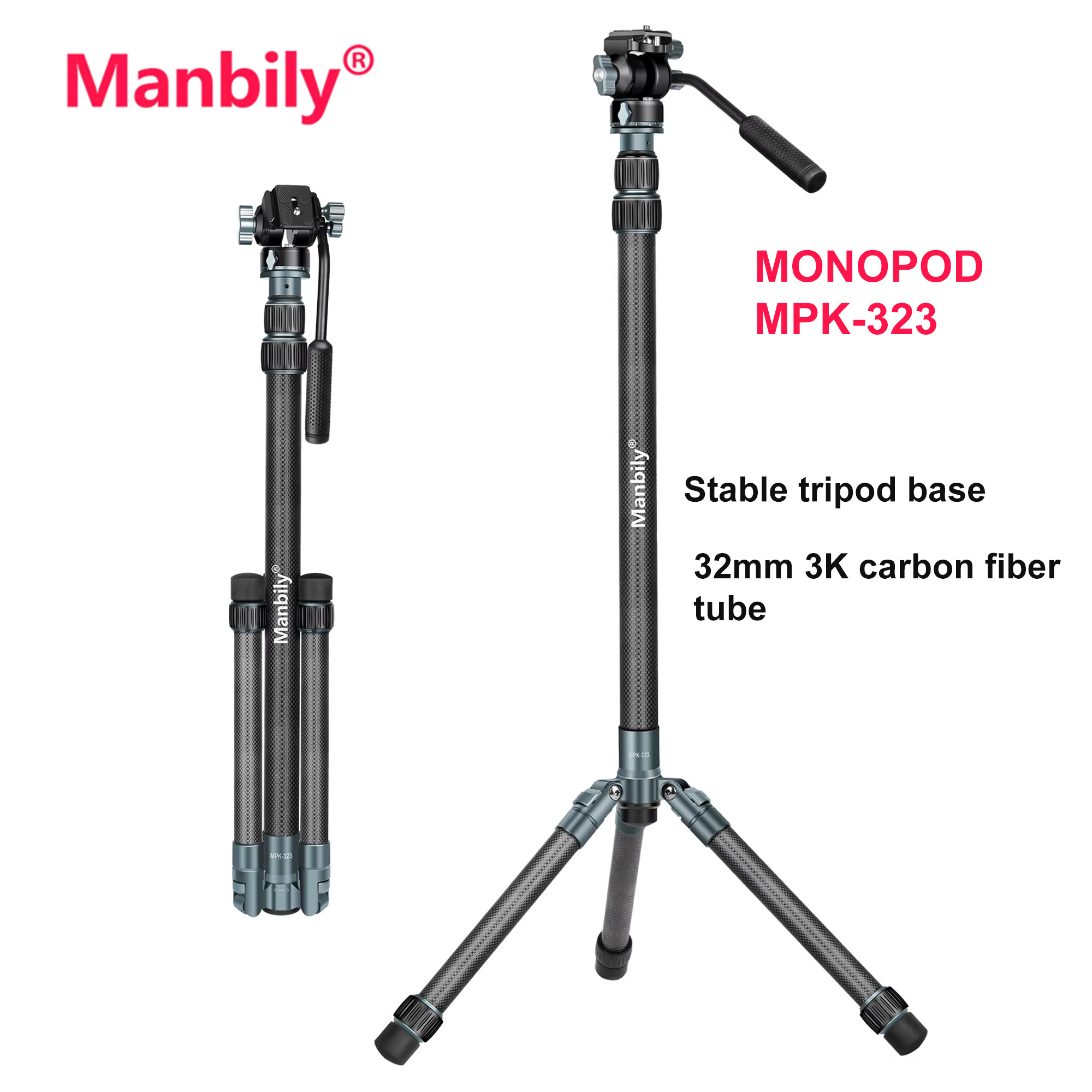 Manbily カーボンファイバー三脚 カメラ一脚 足付き
