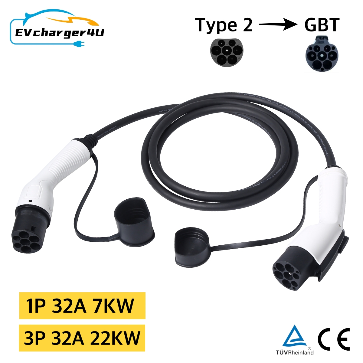 EVcharger4U タイプ 2 から GBT EV 充電ケーブル 5 メートル 1 相/3 相 32A 7KW 22KW 電気自動車タイプ 2 GB/T 充電器ステーションコード用
