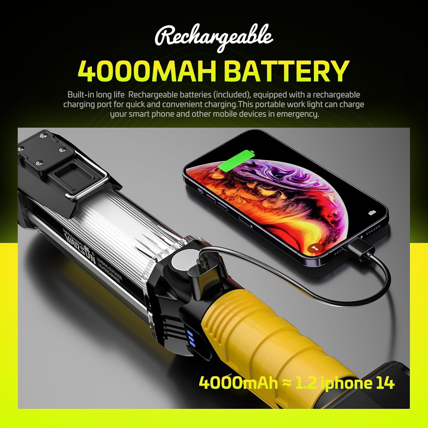 WARSUN Work Light DJ60 Rechargeable LED Light COB Portable Magnetic Base&Hook Work Flashlight for Car Repair Machine Emergency