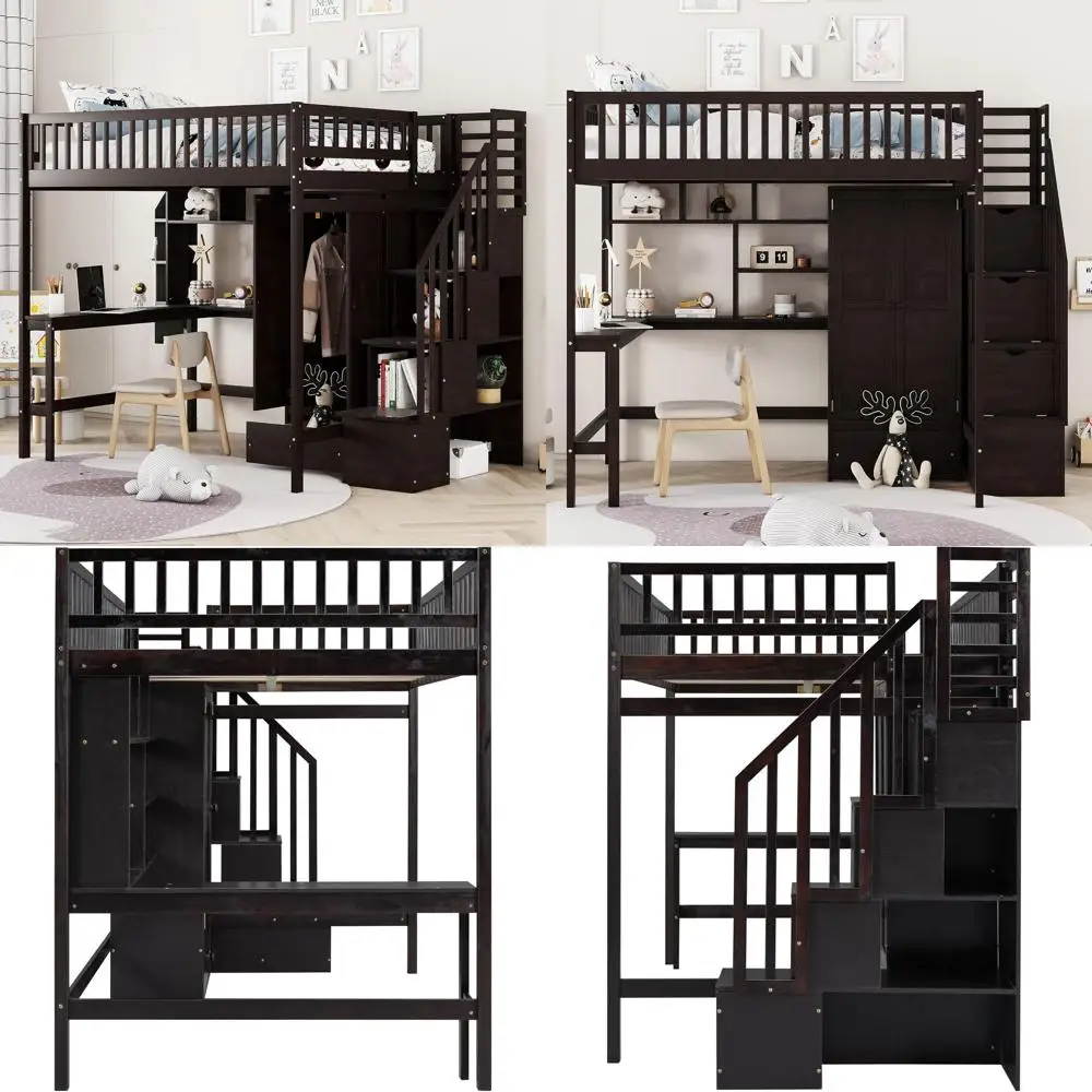 Full Size Loft Bed with Storage Steps, Desk, Bookshelves, and Wardrobe - Solid Wood, Suitable for Kids, Teens, and Adults