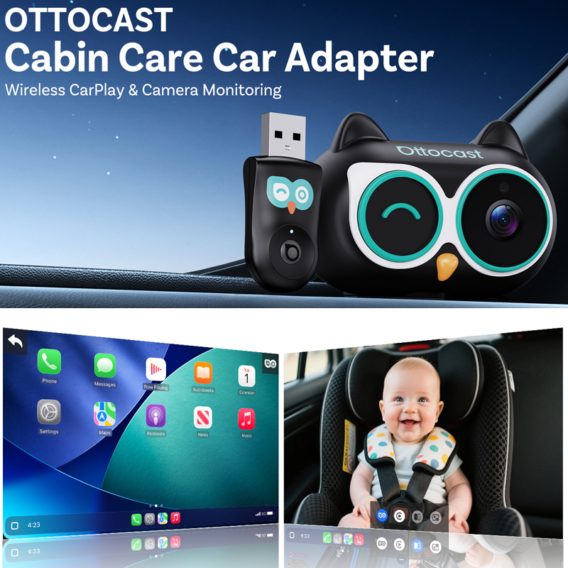 OTTOCAST キャビンケア ベビーカーカメラ ワイヤレス Carplay アダプター 1080P 150° 広角ナイトビジョン後部座席モニター 簡単インストール