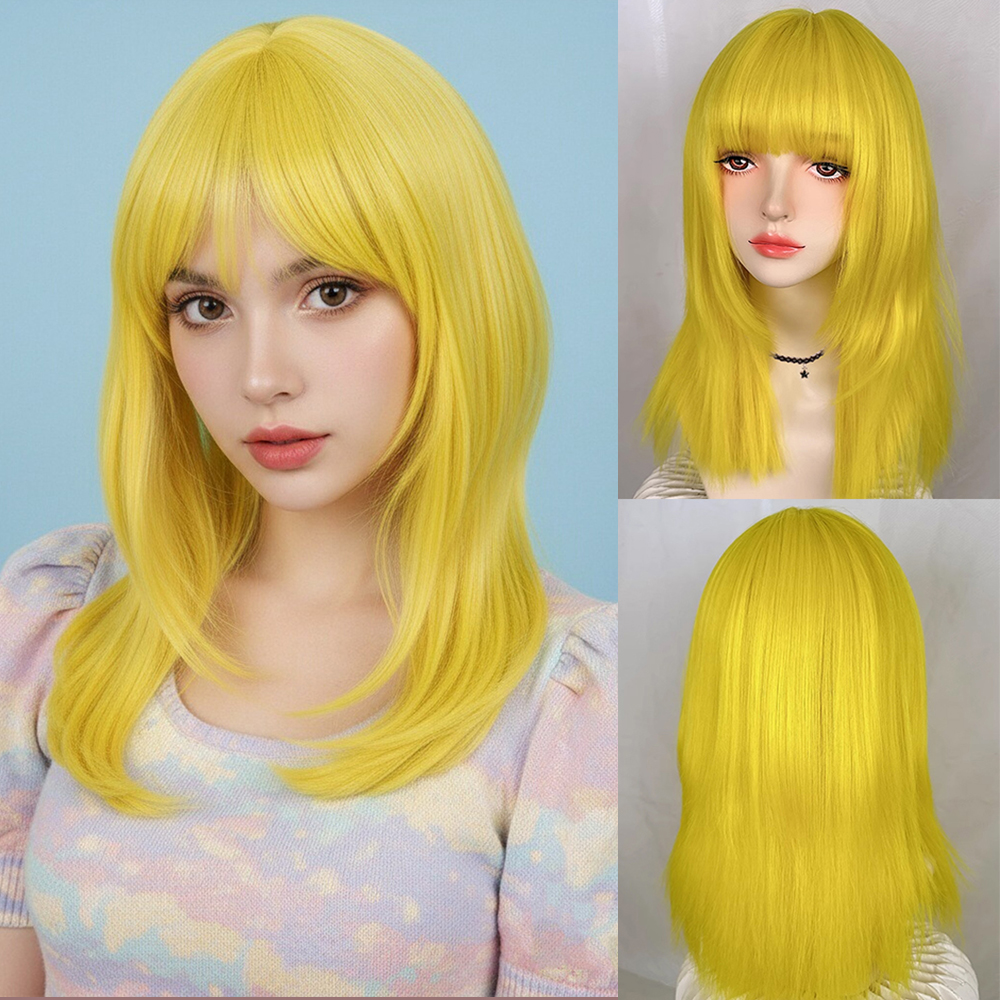 合成ロングストレートイエローウィッグ前髪付き女性のためのデイリーコスプレロリータパーティーふわふわ耐熱偽毛
