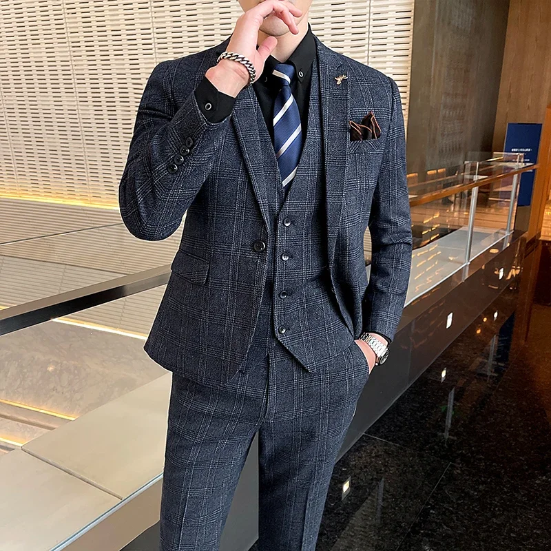 ブティックスーツ (ブレザーベストパンツ) メンズファッションホスティング仕事ビジネス結婚式カジュアルリネンアートスタイルエレガントな紳士のスーツ