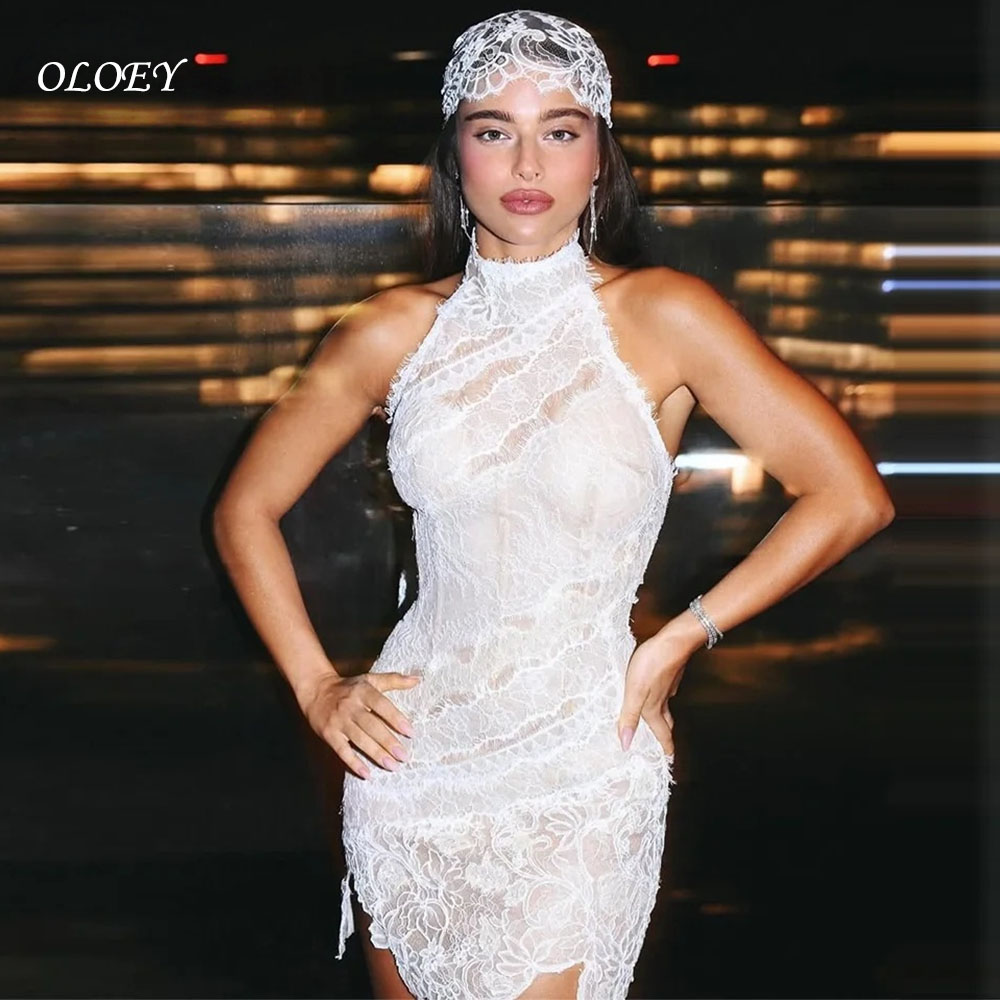 OLOEY 2026 Lace Mini Wedding Dress Sleeveless Halter Bride Dress Customized Party Gown Vestidos Novias Boda فساتين سهر