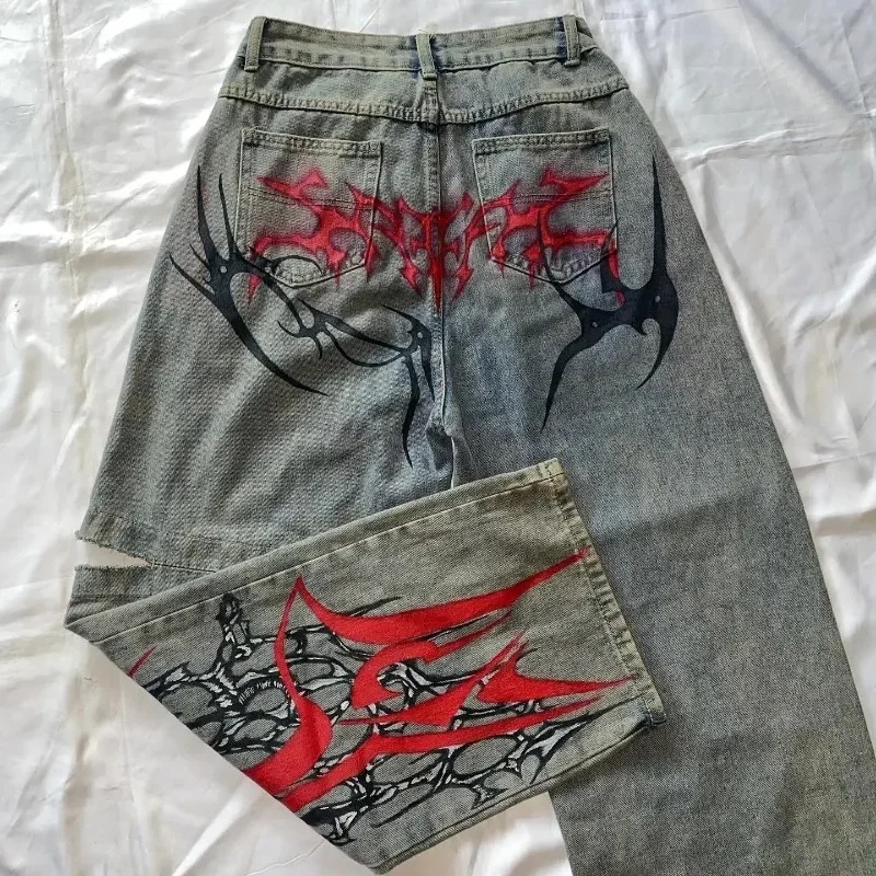 Y2k ヒップホップリッピングワイドレッグジーンズ新しいだぶだぶのデニムパンツ秋レトロ原宿ゴシックスパイクプリント女性のジーンズクールストリート