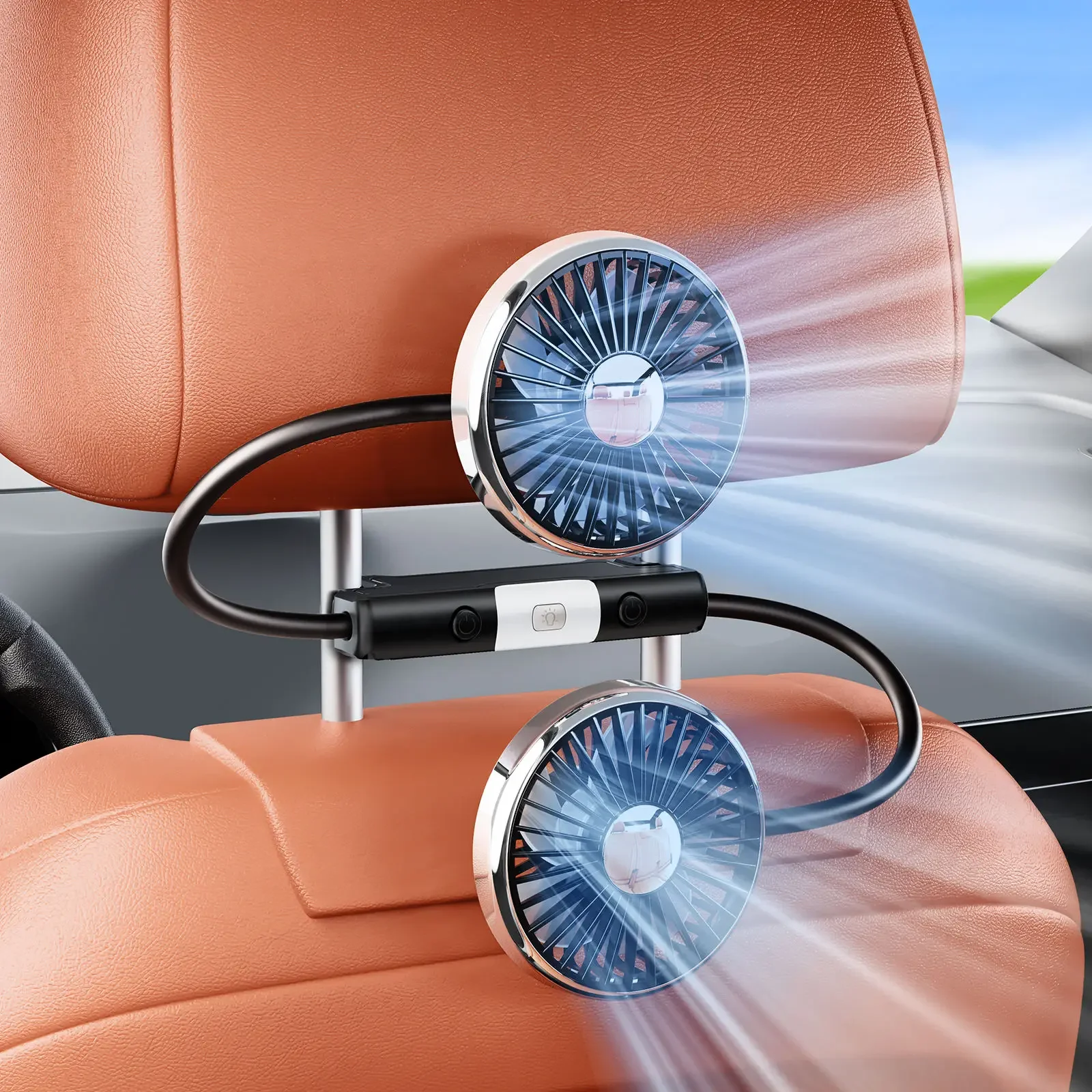 車の USB ファンデュアルヘッド冷却エアホースファン後部座席用 360 ° 回転 3 速度自動ヘッドレストファン後部座席 Amagi