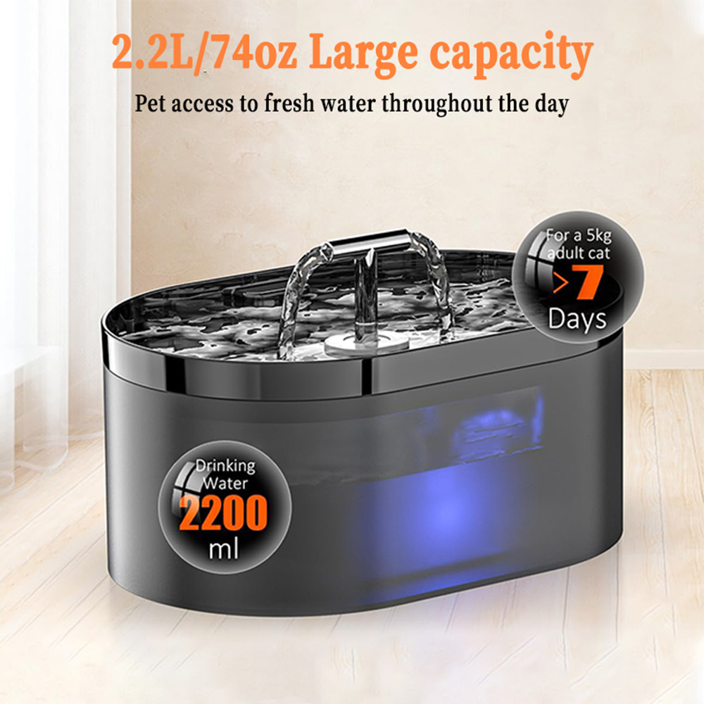 2.2L T字型猫噴水、フィルター付きペットウォーターディスペンサー、猫用犬用水飲み場、超静かなウォーターポンプ