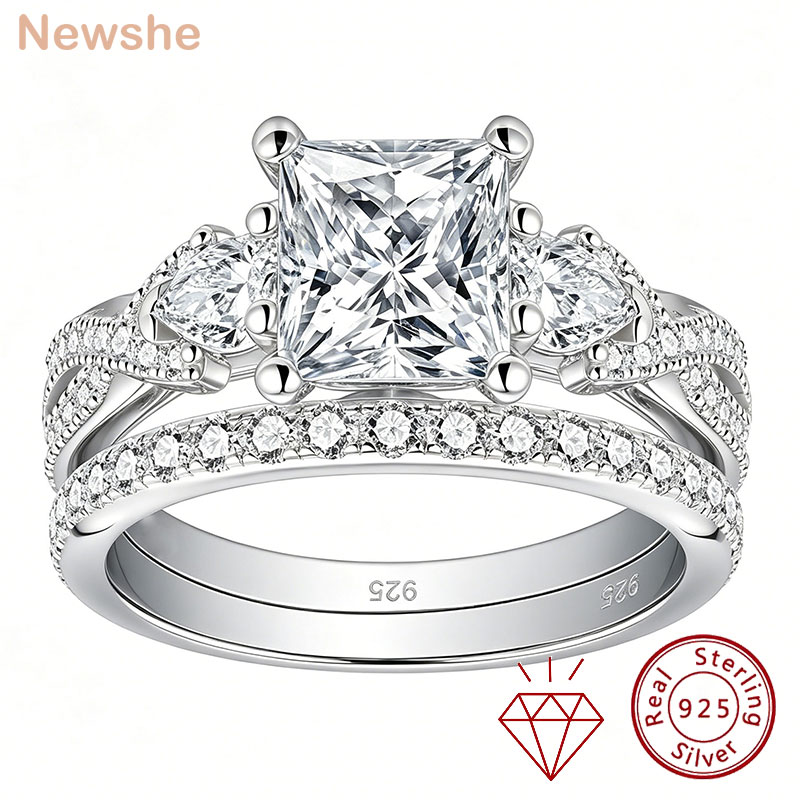 Newshe 2 個結婚指輪セット 925 スターリングシルバーモアッサナイト認定プリンセスペアカット婚約指輪女性用ファインジュエリー