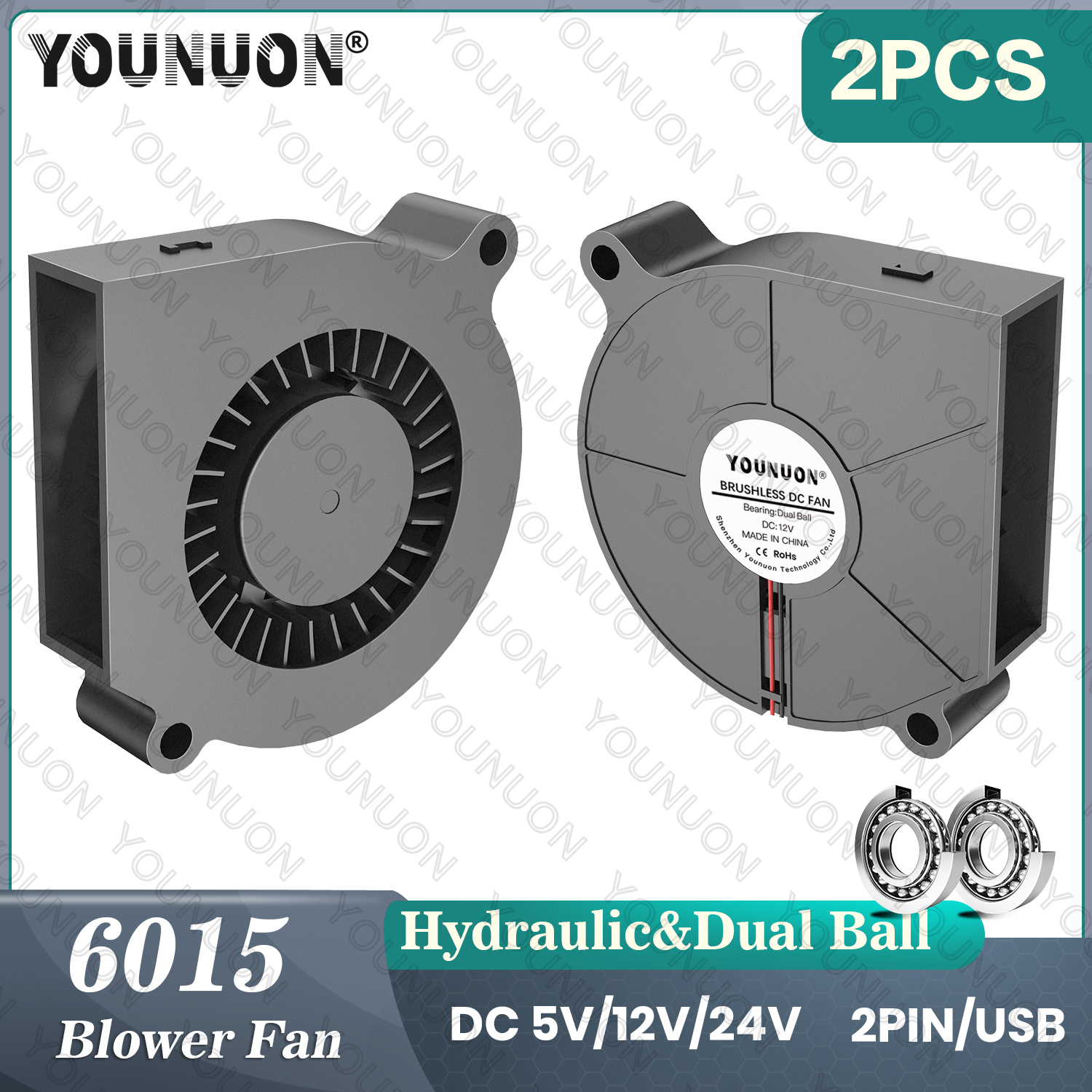 2 個 60 ミリメートル送風ファン 60x60x15 ミリメートル DC ターボ送風機冷却ファン 5V 12V 24V 6015 送風機クーラーファン