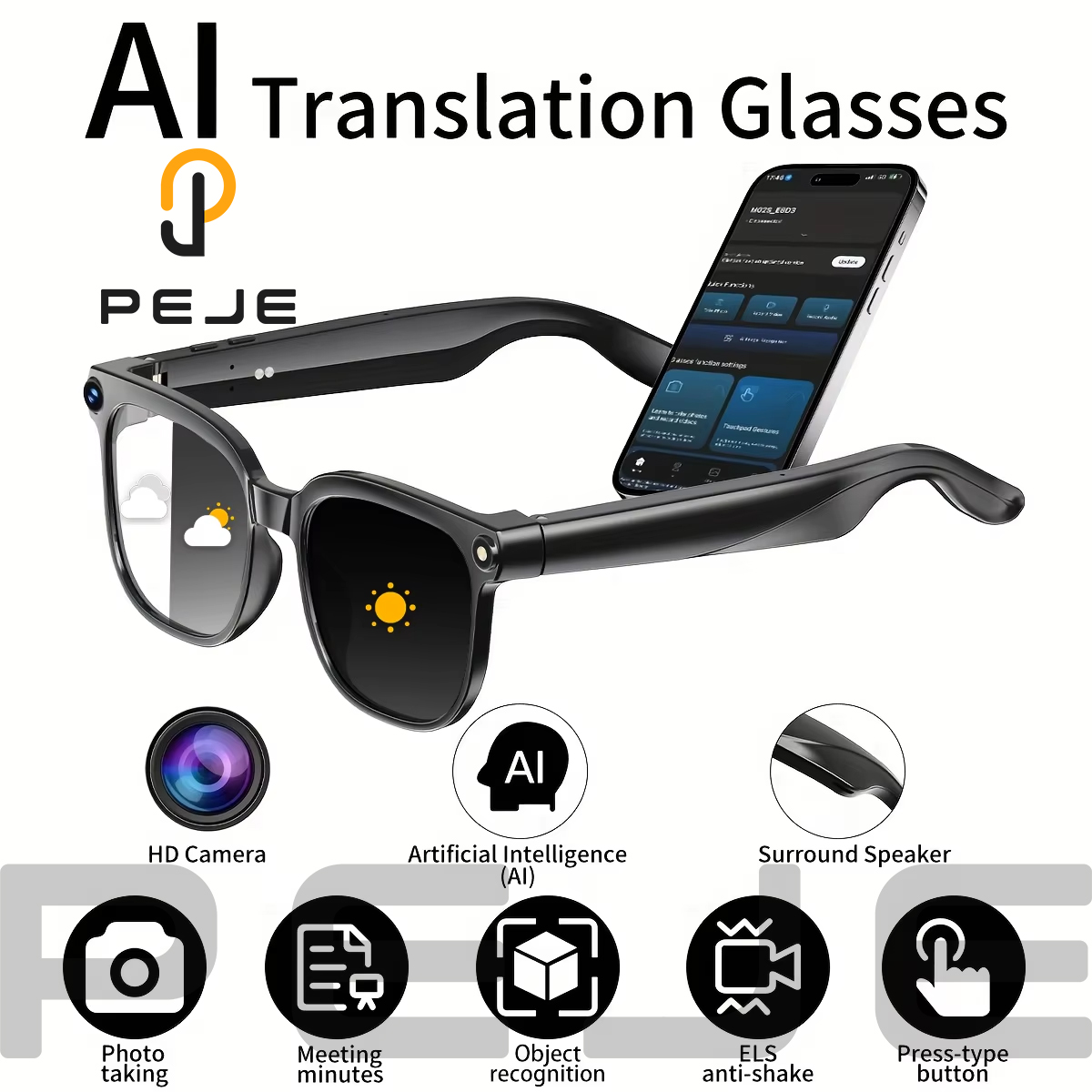 PEJE 2026New 800 ワットピクセルカメラスマートメガネ男性ビデオ録画 AI 写真認識 Bluetooth 通話音声翻訳サングラス