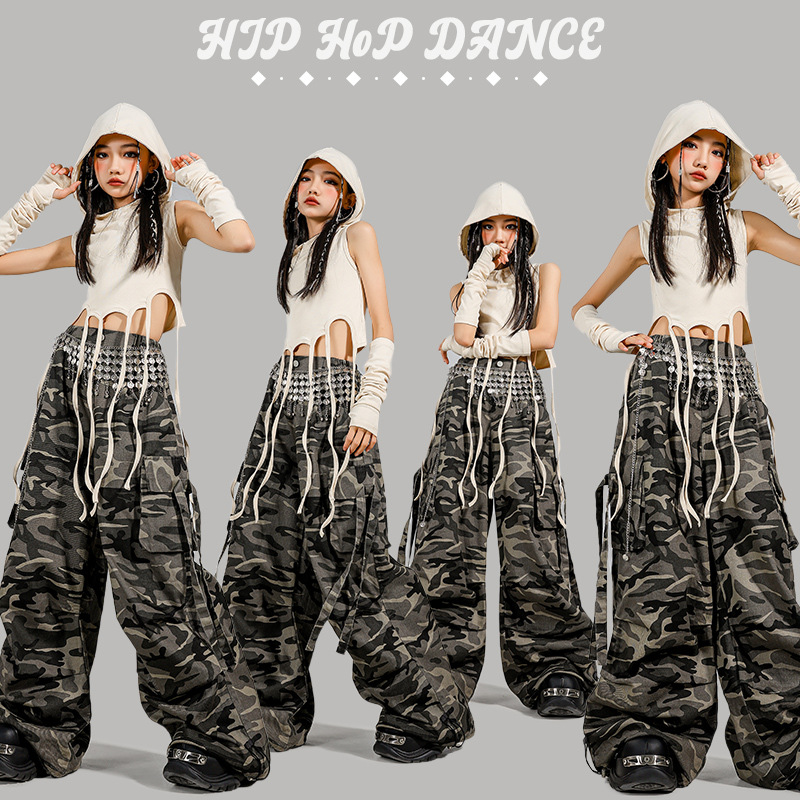 子供モダンダンス服ガールジャズダンスレースアップ作物パーカー迷彩パンツへそパフォーマンススーツ Kpop グループステージ衣装