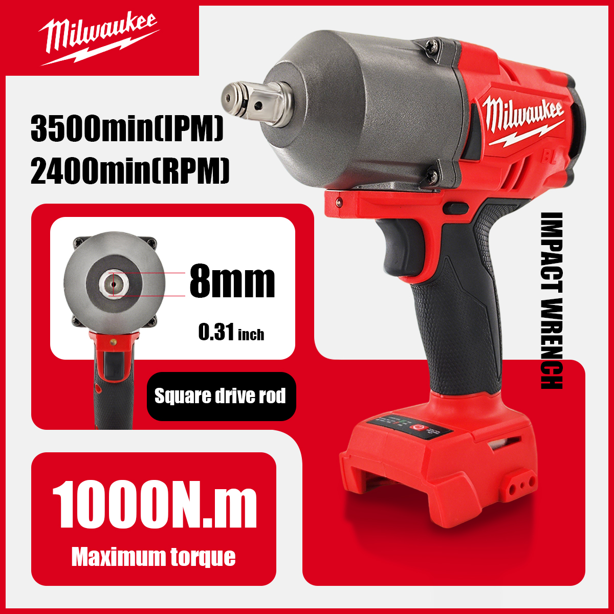 ミルウォーキー M18 高トルク 1300N.m 2000RPM ブラシレス コードレス 1/2 インチ インパクト レンチ XC6.0 バッテリー付き - 1300 ニュートン メートル出力