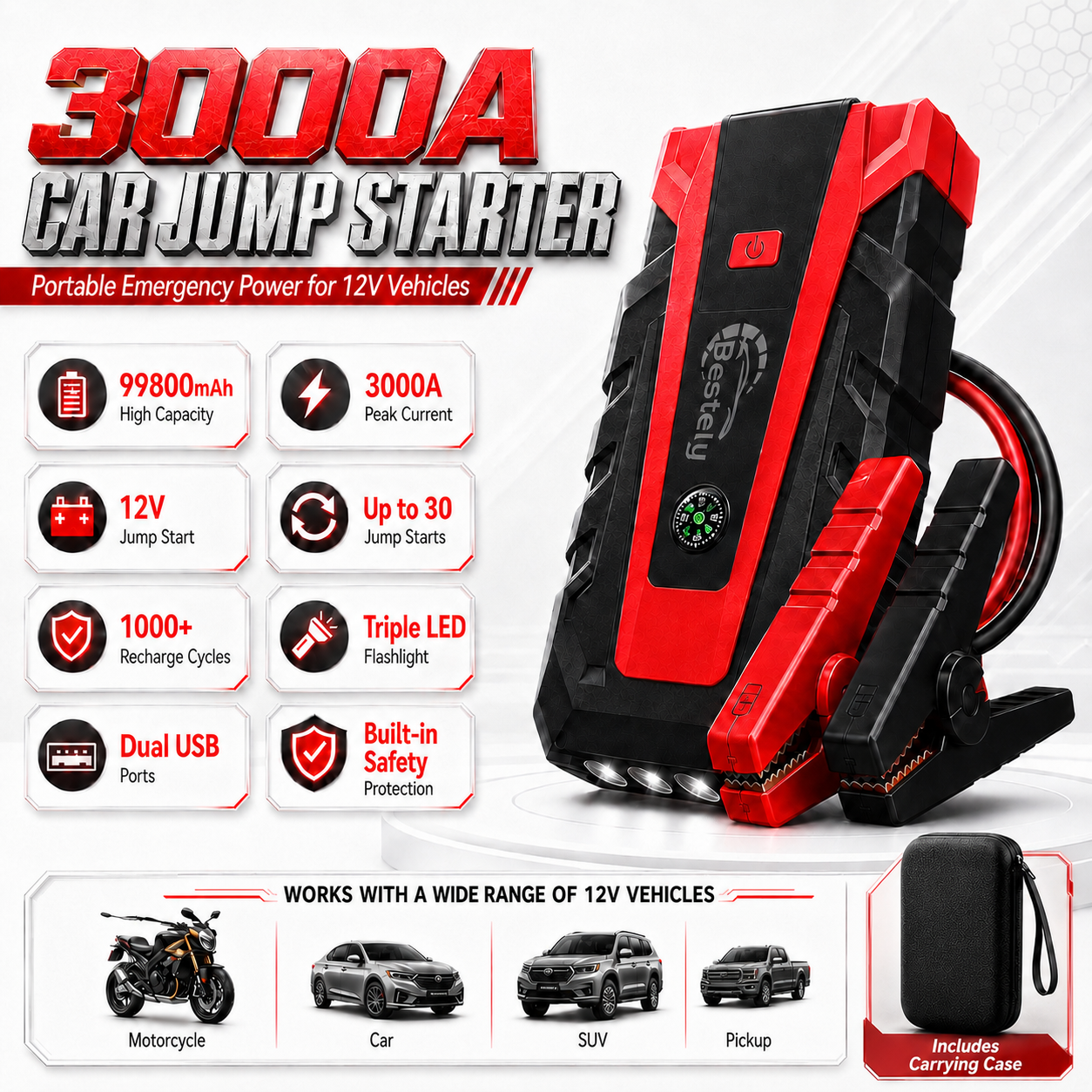 新しい 12V 3000A 車のバッテリージャンプスターターポータブル充電器車のブースター自動起動装置緊急スターター急速充電