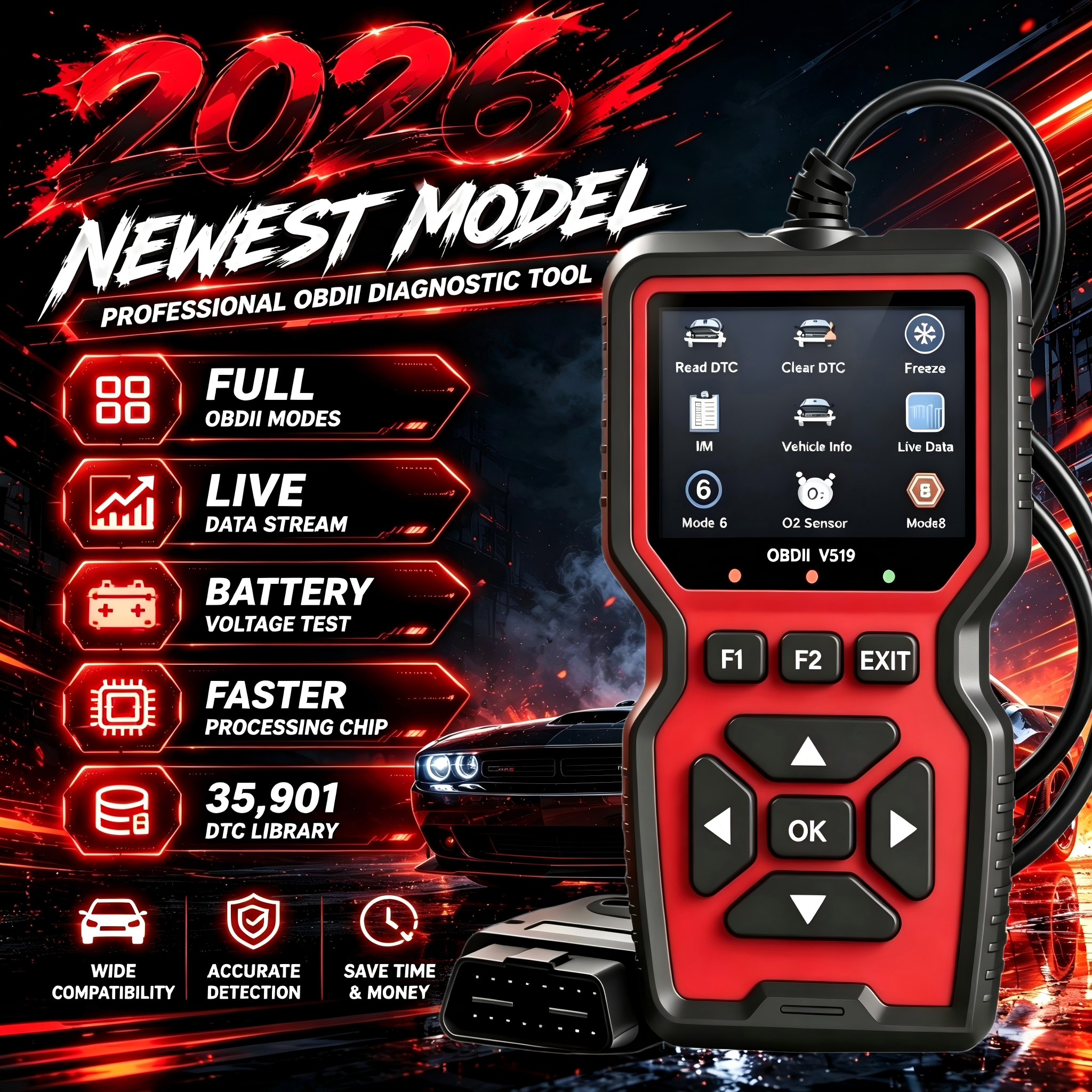 V519 OBD2 スキャナー 2026 アップグレードフルシステム車コードリーダーすべての OBD2 モードライブデータフリーズフレーム車両診断スキャンツール
