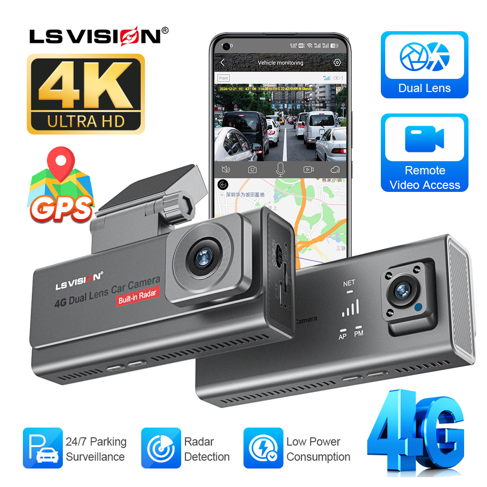LS VISION 4K 4G 車監視カメラ デュアルレンズ ダッシュカム レーダー検出 オールラウンド 24/7 駐車監視アプリ リモートライブビュー