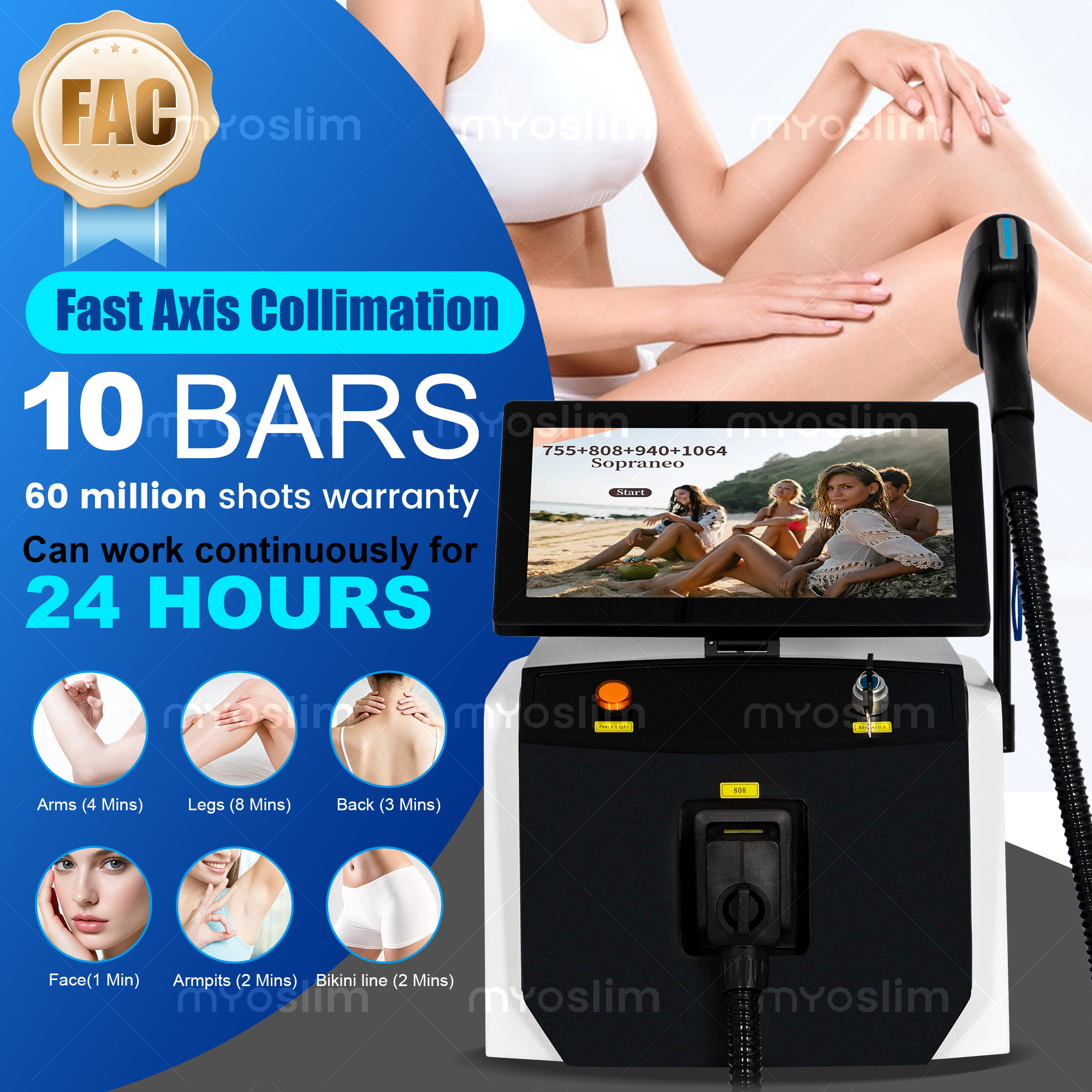 Professional 4 Wavelength 755 808 940 1064 Diode Hair Removal Machine FAC Painless Permanent Epilator for Beauty Salon