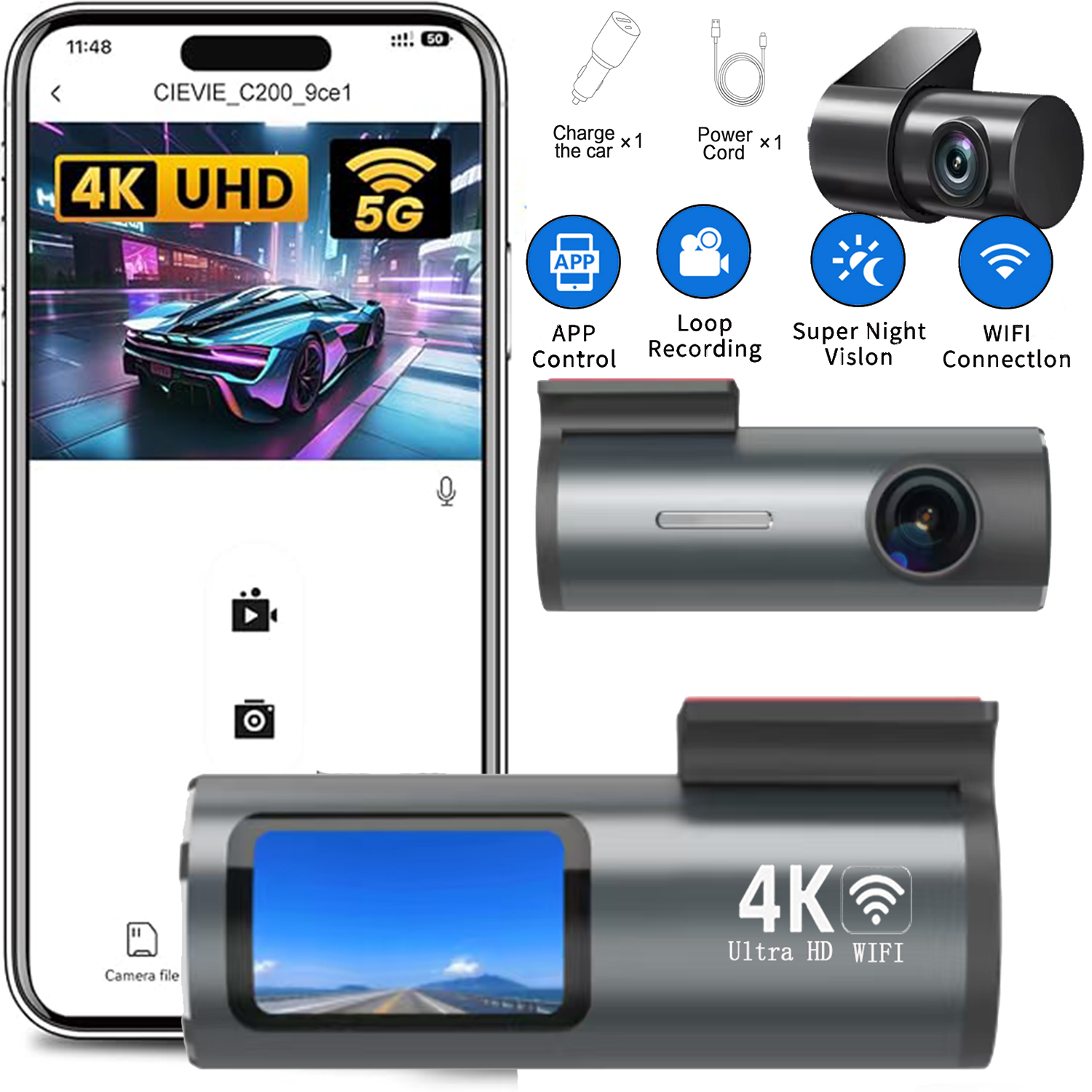 4K ダッシュカム フロントおよびリア、1.3 インチ IPS ディスプレイ車載カメラ、5Ghz WiFi アプリコントロール、ナイトビジョン、24 時間駐車モード、G-