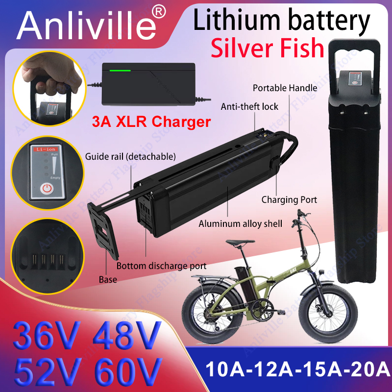 シルバーフィッシュ 36V/48V/52V/60V 10Ah 12Ah 15Ah 20A 取り外し可能なリチウムバッテリーパック内蔵 BMS 250 ワット-1800 ワット折りたたみ E-二輪車