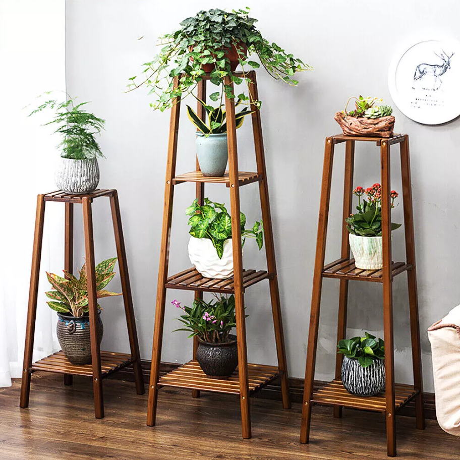 階層型竹植木鉢ホルダー背の高い植物陳列棚フラワースタンド屋内