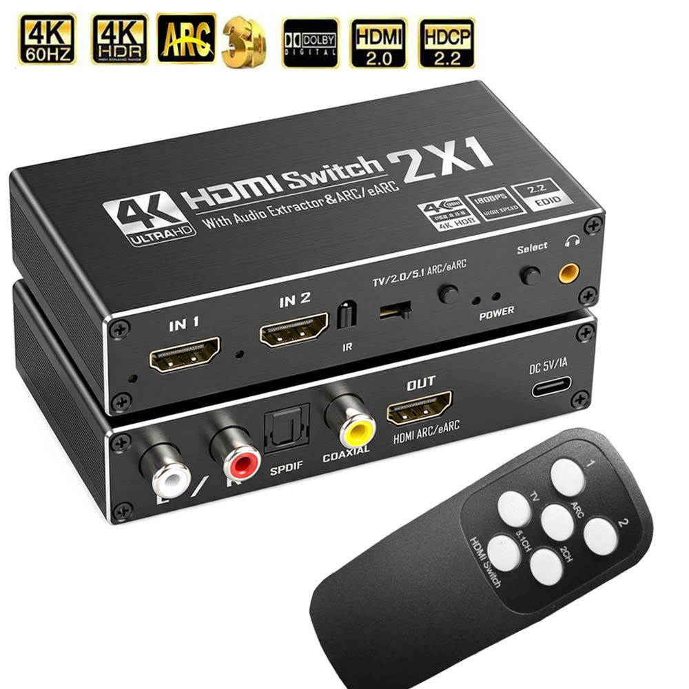 HDMI スイッチ、オーディオエクストラクター付き 4K 60Hz HDMI オーディオスプリッター 2 で 1 出力 HDMI 同軸 toslink Spdif L/R ステレオオーディオ HDMI ARC