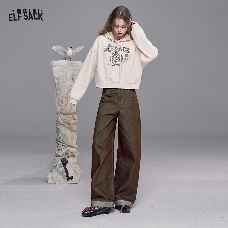 ELFSACK ヴィンテージワイドレッグパンツ、さび色とコントラストステッチ、女性の日常着のためのルーズなストリートウェアパンツ