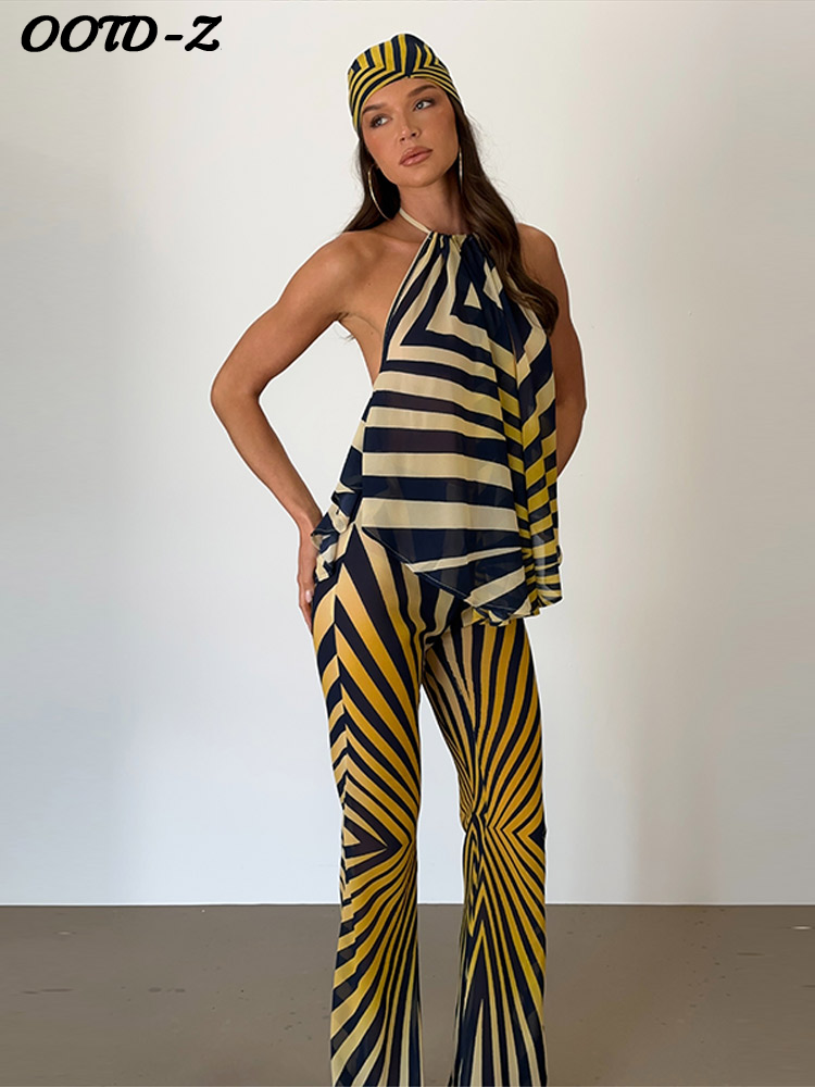 Casual Print Stripe Vest Trousers Suit Women Sleeveless Backless Halter Top Long Pants Lady Set 2026 Summer Autumn Female Sets