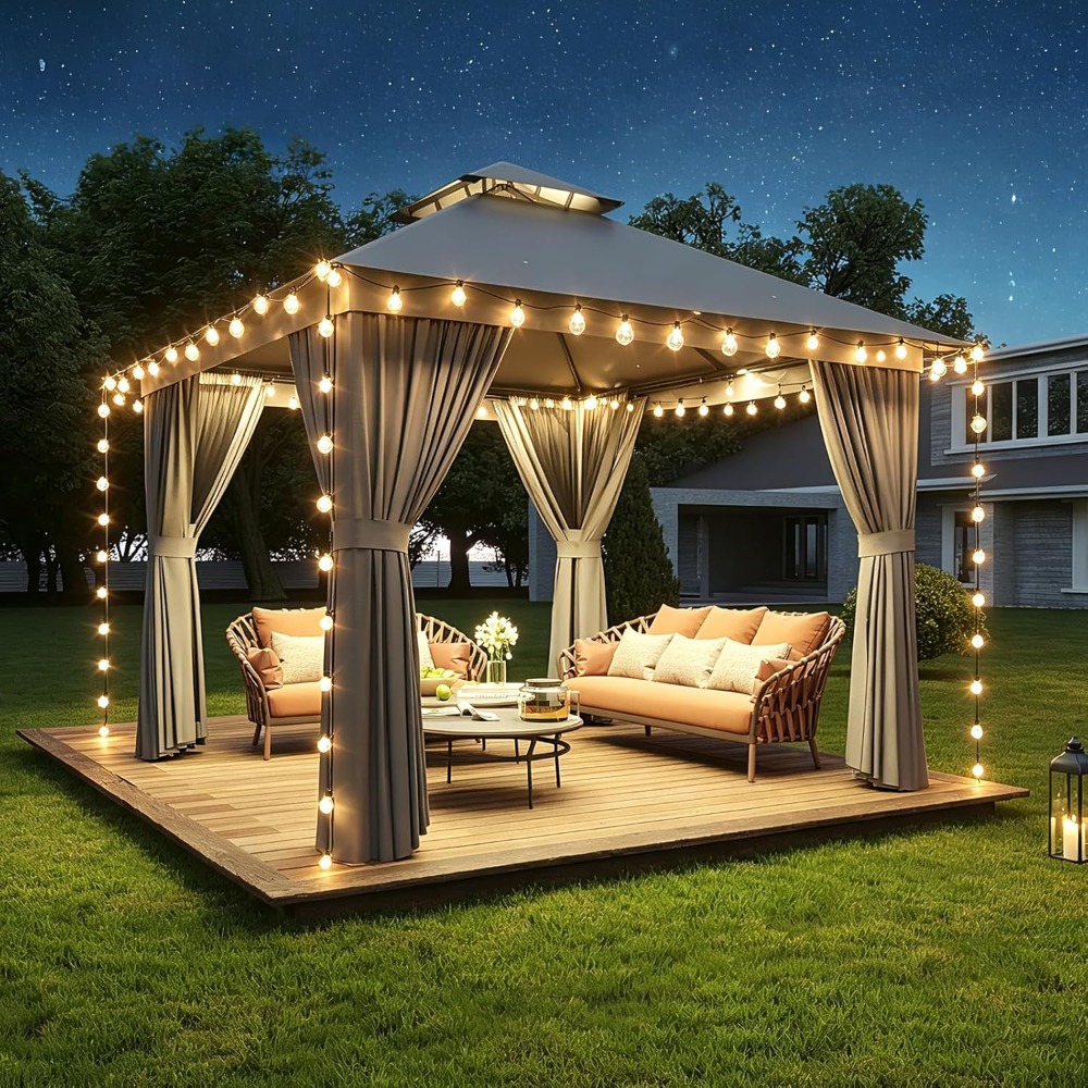 LED ライト付き 10x10 屋外ガゼボ、蚊帳付き金属フレーム二重屋根ヘビーデューティキャノピー、カスタム