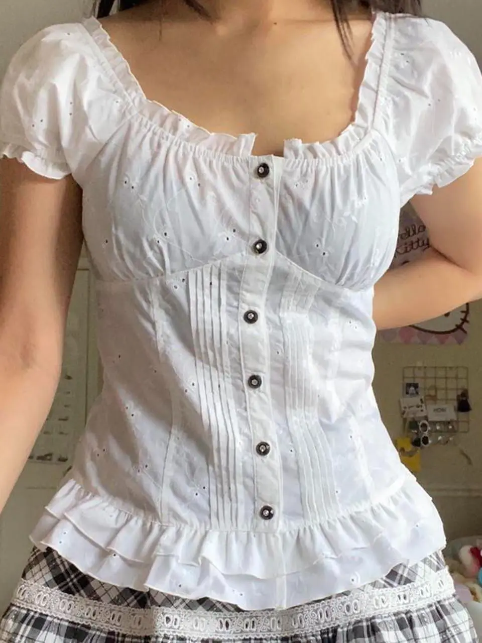 レディースかわいいコルセットトップス 2000 年代 Tシャツレーストリムヴィンテージボタン V ネックスリム Tシャツトップス夏 y2k シャツ原宿