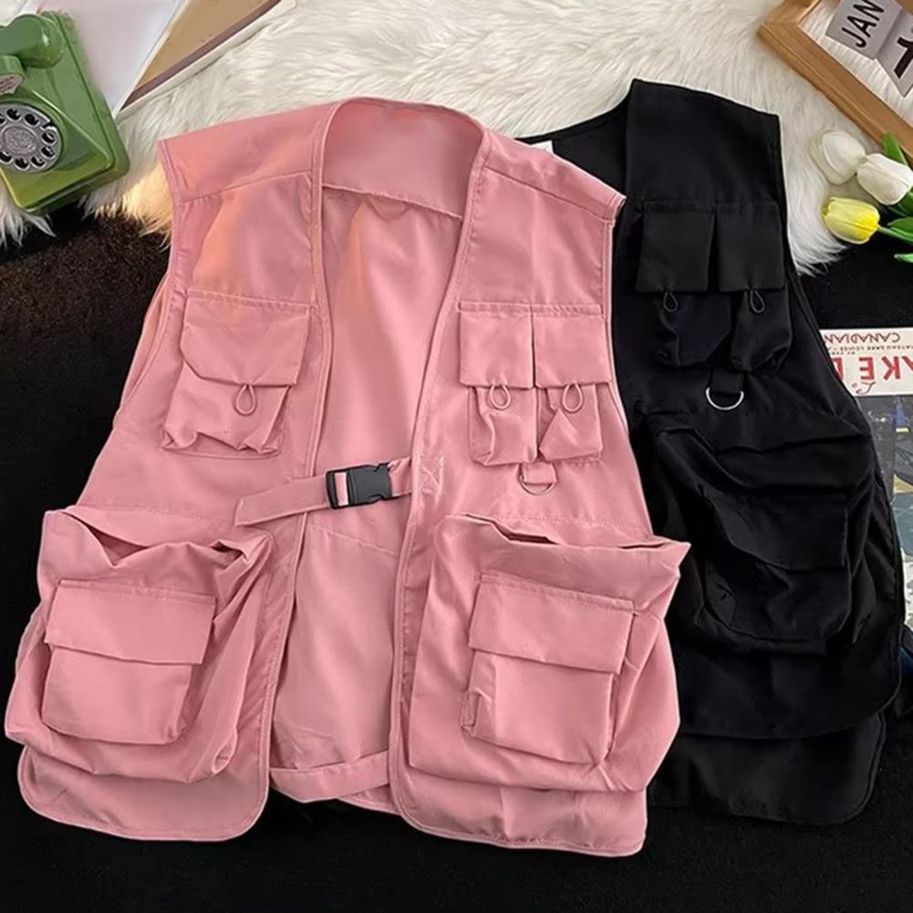 マルチポケットカーゴチョッキ無地ヒップホップスタイル女性男性カーゴチョッキノースリーブルーズバックル閉鎖ジャケットベスト