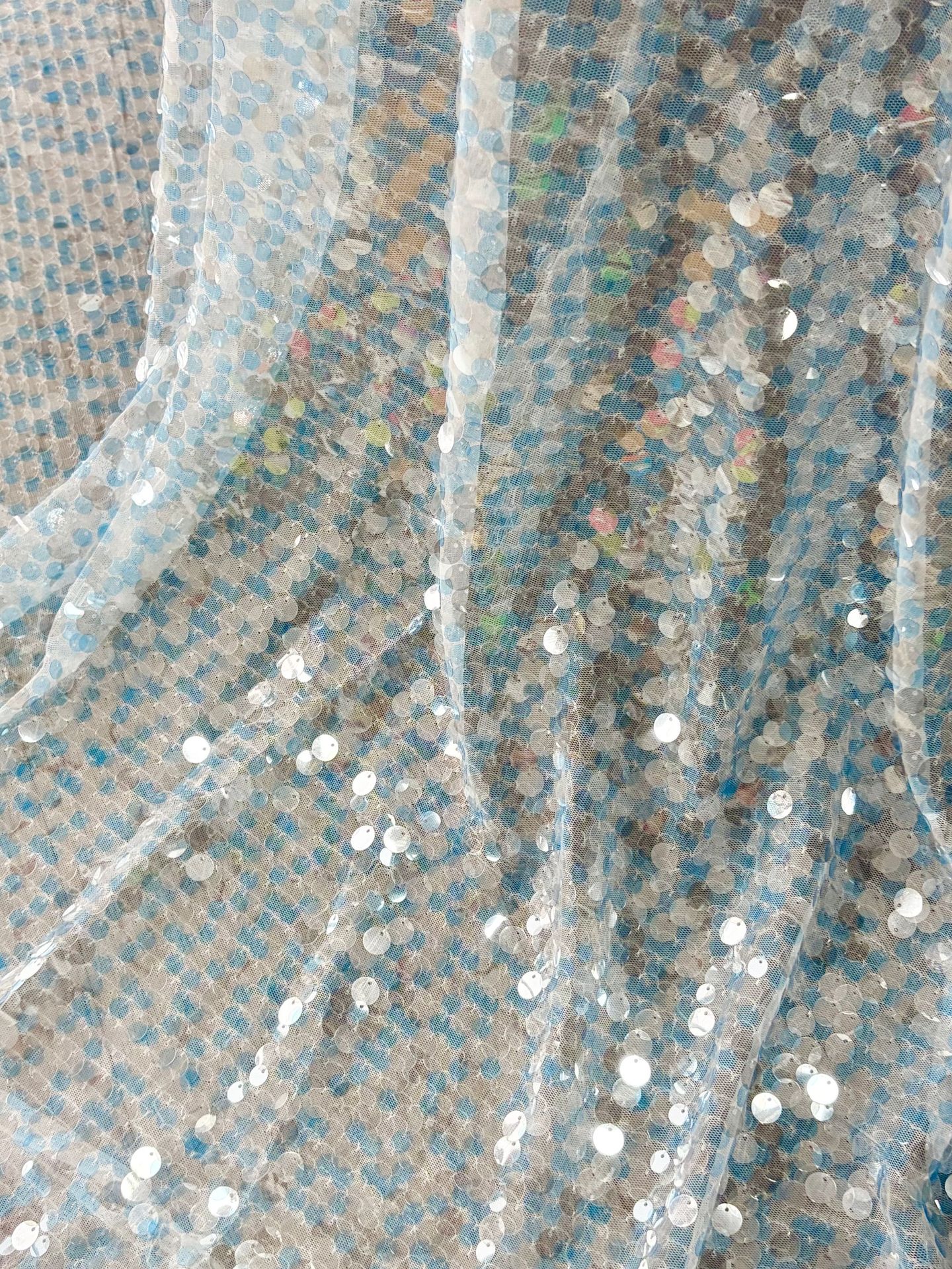 1ヤードライトブルー透明レース生地スパンコール刺繍テラス、イブニングドレス、ウェディングドレスデザイナー生地縫製用