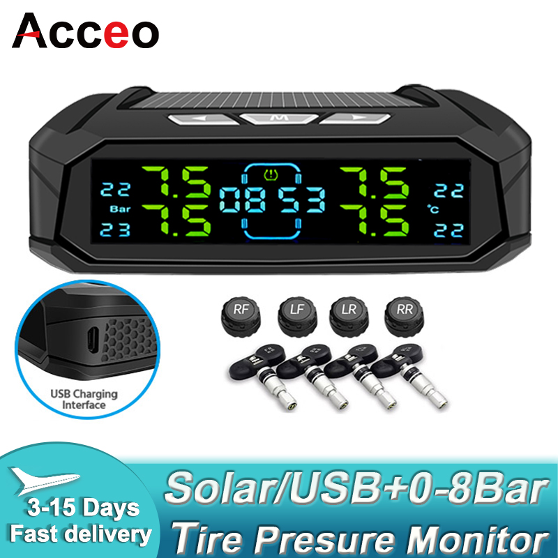 ACCEO インテリジェント TPMS ソーラー タイヤ空気圧監視システム パーキングセンサー付き 車のスマート温度計 安全警報