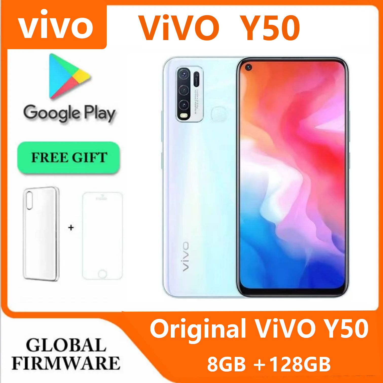 4G Smartphone Original VIVO Y50 8GB 128GB 5000mAh 6.51inch 2340x1080px CPU Snapdragon 13MP + 16MP 4 Cameras Android