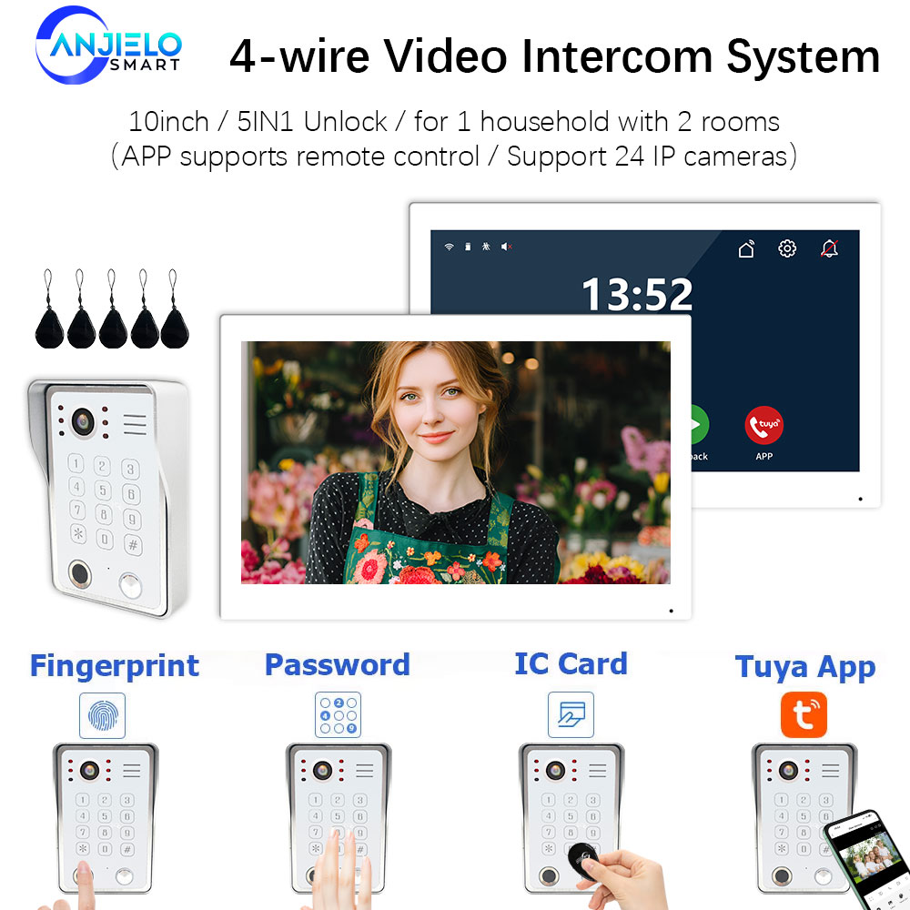 ANZIELO 5IN1 指紋ロック解除 Tuya スマートホームカメラドアベルビデオインターホンシステムアパート用 2 画面 1080P