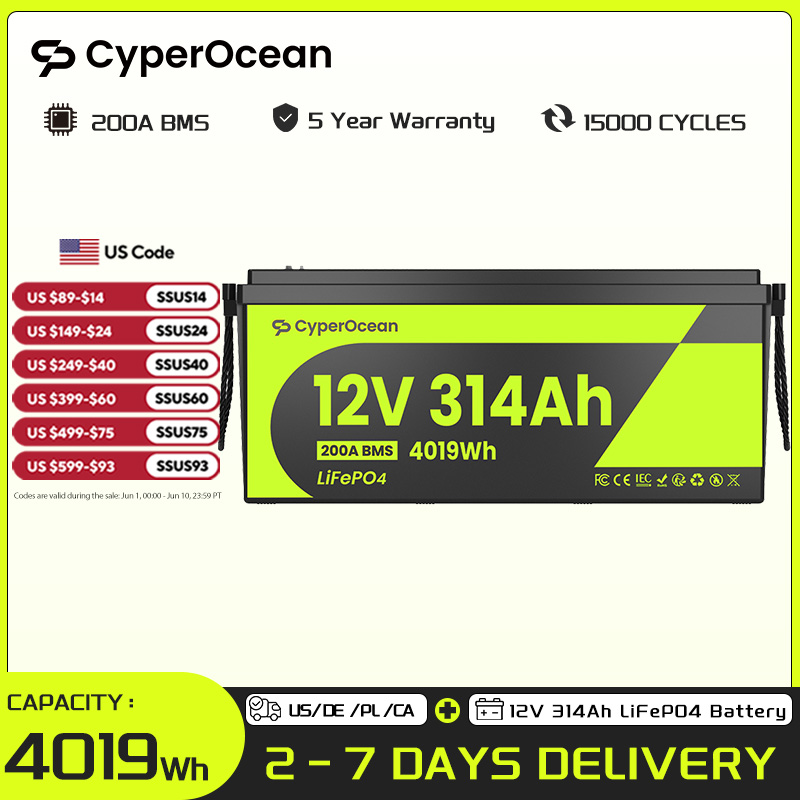 CyperOcean 12V 314Ah LiFePO4 バッテリー 低温保護 内蔵 200A BMS 12V 充電式リチウムバッテリー 4019Wh 15000 サイクル バン、ゴルフカート、ボート、RV、キャンプ、太陽エネルギー貯蔵用 5 年間の保証付き