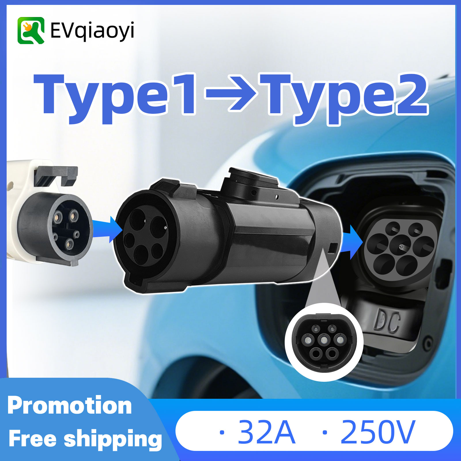EVqiaoy タイプ 1 からタイプ 2 アダプター 32A EV 充電器コネクタ SAE J1772 からタイプ 2 電気自動車アダプター Tipo 1 a Tipo 2