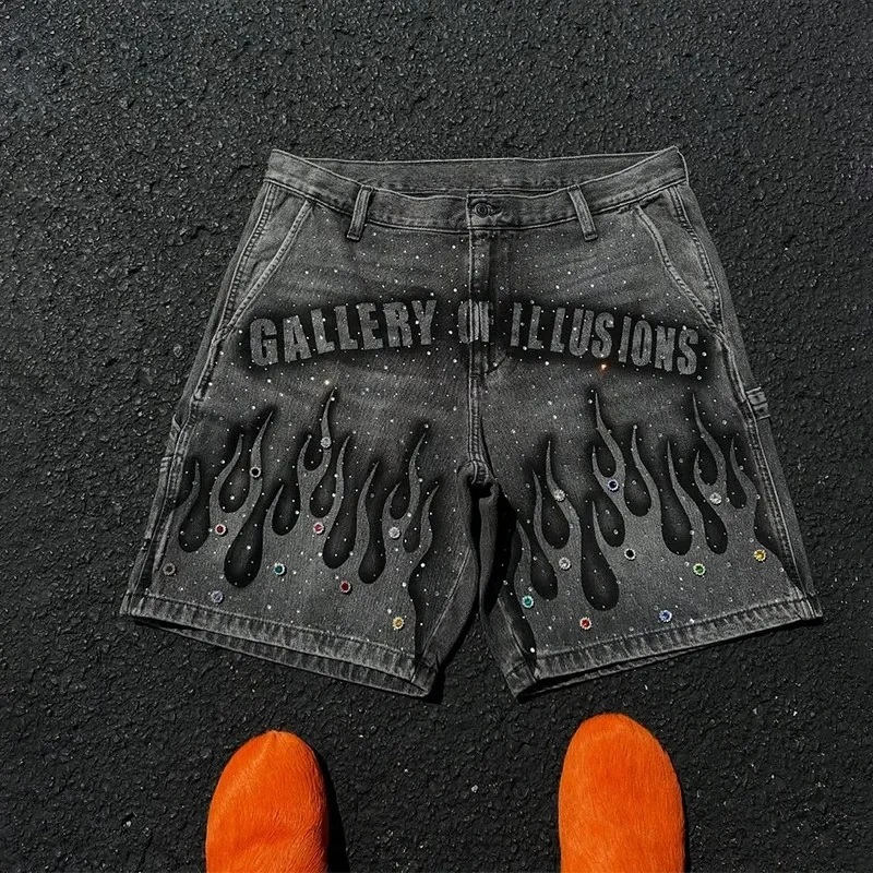 ゴシックレトロホットダイヤモンドデニムショートパンツ紳士服ストリート原宿ヒップホップ高高待機ジーンズメンズショートパンツカジュアルパンツ