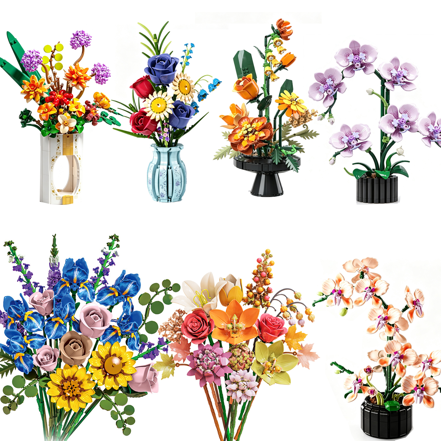 花ビルディングブロック蘭シンビジウム永遠の花束アセンブリ植物ローズデイジーモデルミニレンガのおもちゃ家の装飾