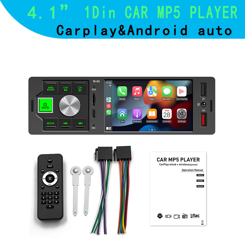 カーラジオプレーヤー 1Din 4 "CarPlay Android オートミラーカーメディアプレーヤータッチスクリーン Bluetooth TF AUX USB TypeC 充電 FM60
