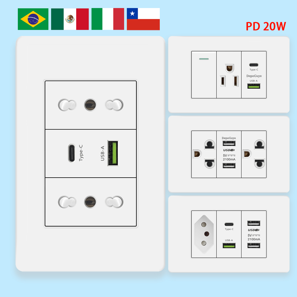 イタリア チリ メキシコ USB スマート Type-c 20 ワット急速充電壁コンセントプラグ、ブラジル電灯スイッチパネルユニバーサル USB C ソケット