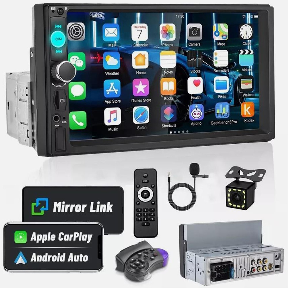 新品質 7 インチシングル 1Din タッチスクリーンカーステレオラジオハンドル付きリモコンカメラ Apple/Android CarPlay Bluetooth