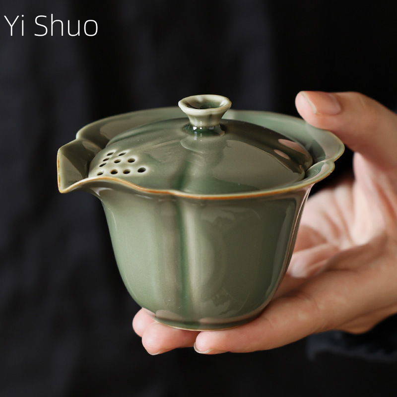 岳窯青磁カバーボウル中国の手作り家庭用カンフー茶セットは熱くありませんポットをつかんでお茶を作りますgaiwan