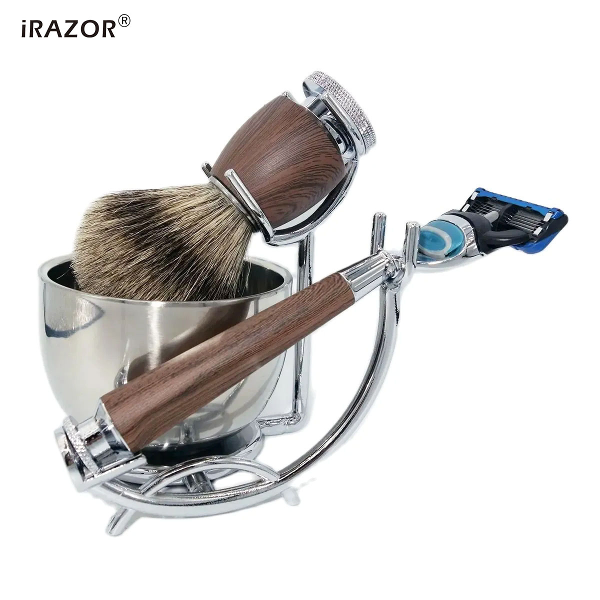 iRAZOR プロフェッショナル Fusion 5 シェービングキット 天然アナグマブラシ付き ローズウッドグレイン 防水シェーバー 理髪ツール 男性用 夫用