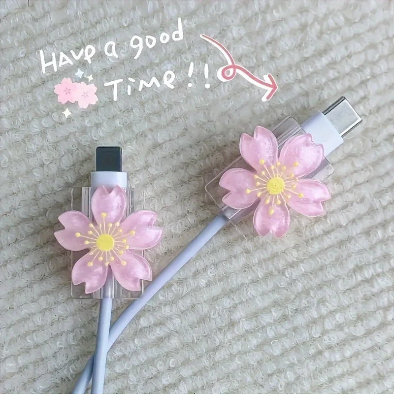 2 個漫画ケーブルプロテクターかわいい花 USB 充電器プロテクターケーブルオーガナイザーかわいいデータラインコードケーブルワインダー iPhone 用